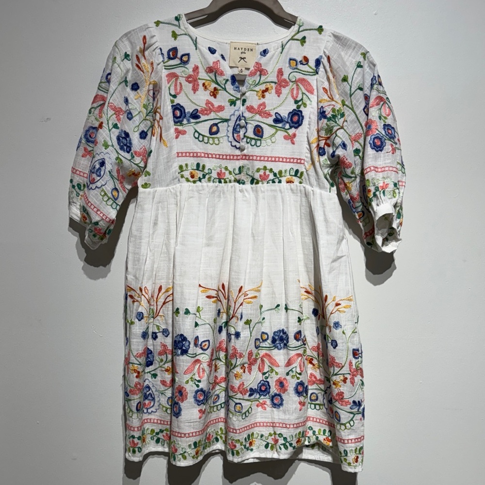 Hayden Girls White Dress with Multicolor Floral Embroidery. Size Girls Medium